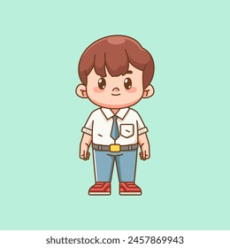 Cute boy Indonesian senior high school stand kawaii chibi character mascot illustration set