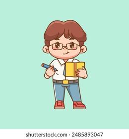 Cute boy Indonesian senior high school take notes kawaii chibi character mascot illustration set