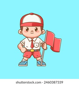 Cute boy Indonesian student elementary school hold flag kawaii chibi character mascot illustration set