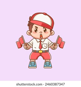 Cute boy Indonesian student elementary school cheer hold two flag kawaii chibi character mascot illustration set