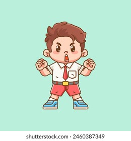 Cute boy Indonesian student elementary school cheer shout kawaii chibi character mascot illustration