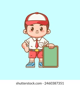Muchacho lindo estudiante indonesio escuela primaria sostiene tablero verde kawaii chibi personaje mascota conjunto de ilustración