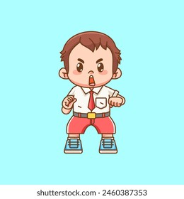 Cute boy Indonesian student elementary school fight pose cheers kawaii chibi character mascot illustration  set