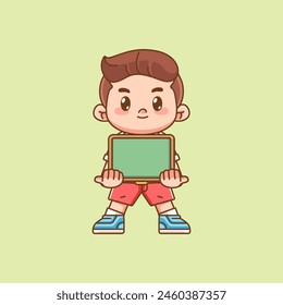 Cute boy Indonesian student elementary school hold blank board kawaii chibi character mascot illustration set