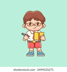 Cute boy Indonesian student elementary school take notes kawaii chibi character mascot illustration set