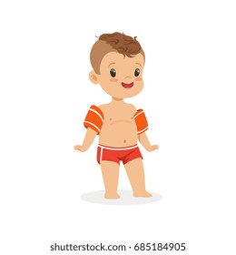 Cute boy with inflatable armbands, kids summer vacation colorful character vector Illustration