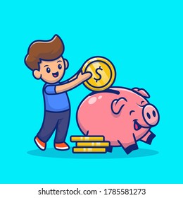 Cute Boy Insert Coin Into Piggy Bank Cartoon Vector Icon Illustration. Saving Money Icon Concept Isolated Premium Vector. Flat Cartoon Style