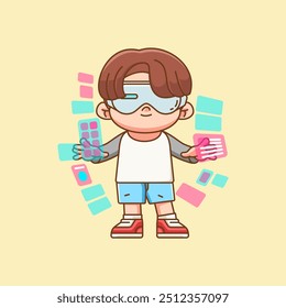 Cute boy interact virtual reality glasses vr chibi kawaii character mascot illustration outline styleset 
