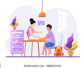 Cute Boy Interacting on Video Call with Female Teacher at Home for Online Education Concept. Stop Coronavirus.