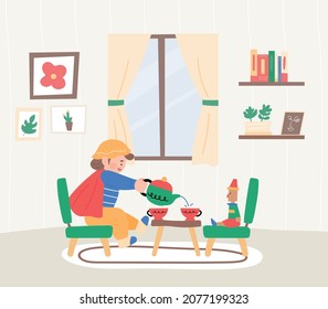 A cute boy invites his doll friend to tea time and plays. flat design style vector illustration.