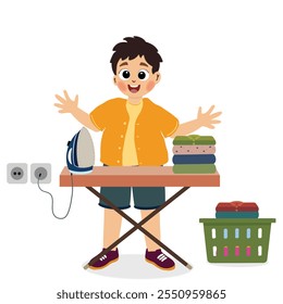 cute boy ironing clothes. cute little boy ironing clothes doing daily chores housework activity. Household routine cartoon character