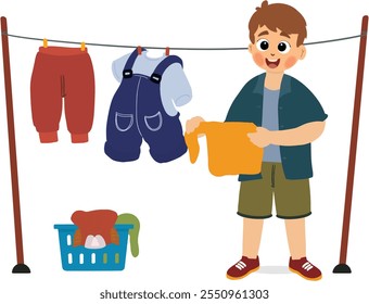 cute boy ironing clothes. cute little boy ironing clothes doing daily chores housework activity. Household routine cartoon character