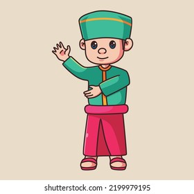cute boy islam uniform. Isolated cartoon person illustration. Flat Style Sticker element vector