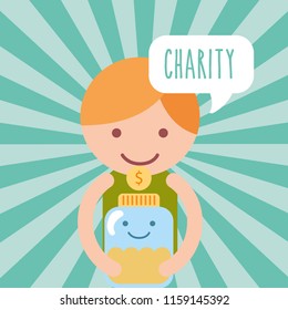 cute boy with jar container coins money donate charity