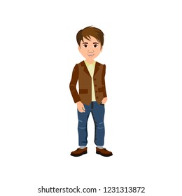 Cute boy in jeans and blazer, vector icon for presents, invitation, children room, nursery decor, interior design. 