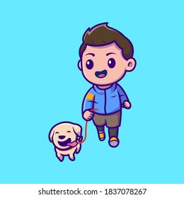 Cute Boy Jogging With Dog Cartoon Vector Icon Illustration. People Animal Icon Concept Isolated Premium Vector. Flat Cartoon Style