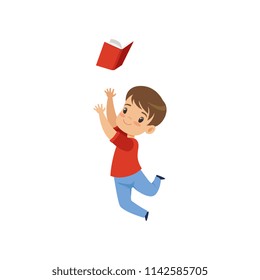 Cute boy jumping with book, kid playing and learning vector Illustration on a white background