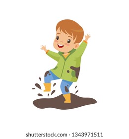 Cute Boy Jumping in Dirt, Cute Naughty Kid, Bad Child Behavior Vector Illustration