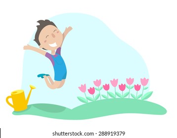 Cute boy jumping with joy in the garden. Flat design. Vector illustration.