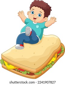 A cute boy jumping on a big sandwich of illustration