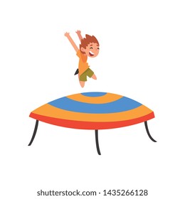 Cute Boy Jumping on Trampoline, Happy Little Kid Bouncing and Having Fun on Trampoline Cartoon Vector Illustration