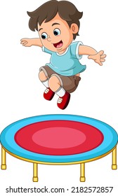 The cute boy is jumping on the trampoline with the happy expression of illustration