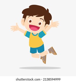 cute boy jumping and show win fist up expression gesture