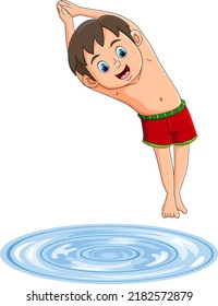 The cute boy is jumping to the swimming pool with the good movement of illustration