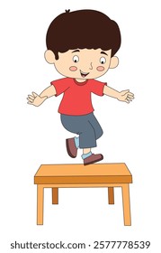 Cute boy jumping table high with arms wide open vector illustration