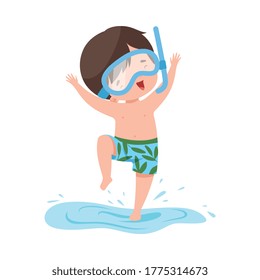 Cute Boy Jumping in Water in Diving Mask, Kids Summer Activities, Adorable Child Having Fun on Beach on Holidays Cartoon Vector Illustration