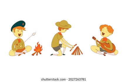 Cute Boy as Junior Scout Making Fire and Playing Guitar at Campsite Vector Set