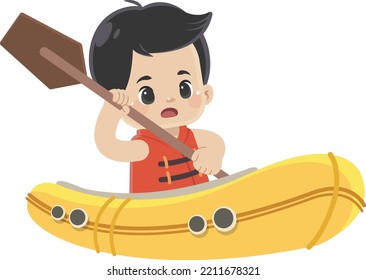 Cute boy kayaking on a yellow boat
