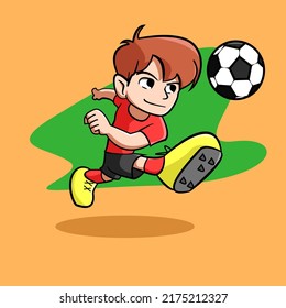 Cute boy kicking ball play as striker vector template