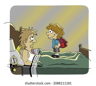 Cute boy, kid, child ready to go to school and waking up his parents from their bedroom bed, early in the morning. Funny colorful cartoon style vector illustration.