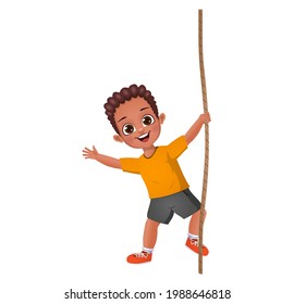 cute boy kid climbing on rope