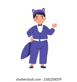 Cute boy kid disguised in animal carnival costume for funny holiday party. Happy child wearing festive clothes, outfit with ears and tail. Flat vector illustration isolated on white background