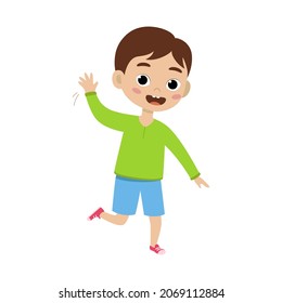Cute boy kid. Funny child isolated on white background. Baby gesturing hello or goodbye and running, raised hand. Happy emotion boy. Vector illustration in flat style