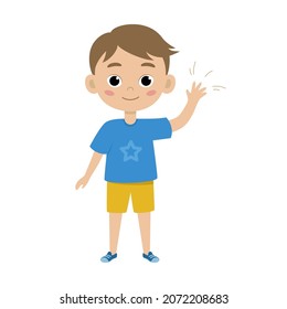 Cute boy kid. Funny child isolated on white background. Baby gesturing hello or goodbye, raised hand. Happy emotion boy. Vector illustration in flat style
