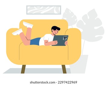 Cute Junge Kind auf einem Sofa und suchen Internet-Netzwerk mit seiner Tablette. Flache, minimalistische Vektorgrafik. 