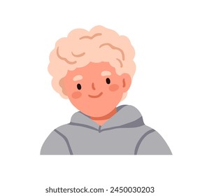 Cute boy kid looking with sweet smile. Adorable happy school child character, schoolkid, friendly and shy face expression, head portrait, avatar. Flat vector illustration isolated on white background