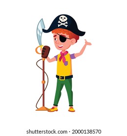 cute boy kid in pirate costume with sword singing in karaoke cartoon vector. cute boy kid in pirate costume with sword singing in karaoke character. isolated flat cartoon illustration