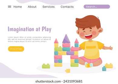 Cute Boy Kid Play Block Toy in Playroom Landing Web Page Design Vector Template