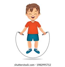 cute boy kid playing jumping rope, skipping rope