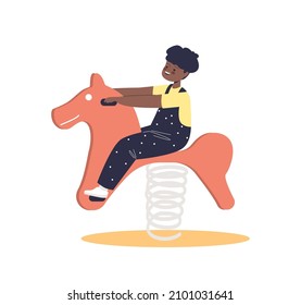 Cute boy kid playing on horse swing on spring. Little child enjoy spending time on playground for preschool children. Outdoor activity game concept. Cartoon flat vector illustration