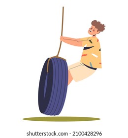 Cute boy kid riding tire swing. Happy little child on playground. Outdoor children leisure activities, fun and entertainment concept. Cartoon flat vector illustration