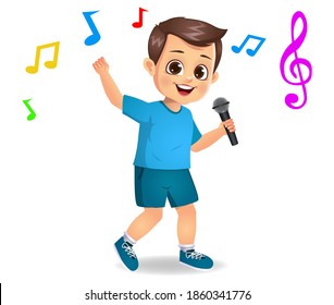 cute boy kid singing song vector