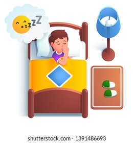 Cute boy kid sleeping in bed under blanket on a big pillow. Child having a good night sleep bedtime at home bedroom sucking his thumb finger. Sleeping "zzz" emotion. Flat vector character illustration