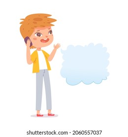 Cute boy kid talking mobile phone vector illustration. Cartoon little child male character using cellphone to call friends or family and talk, empty blank blue speech bubble for text isolated on white