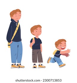 Cute boy from kid to teenager. Stages of growing up. Preschool, elementary school, secondary school boy cartoon vector illustration