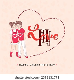 Cute Boy Kissing His Girlfriend with My Love Font on  Creative Beige Heart Shape Background for Happy Valentine's Day.